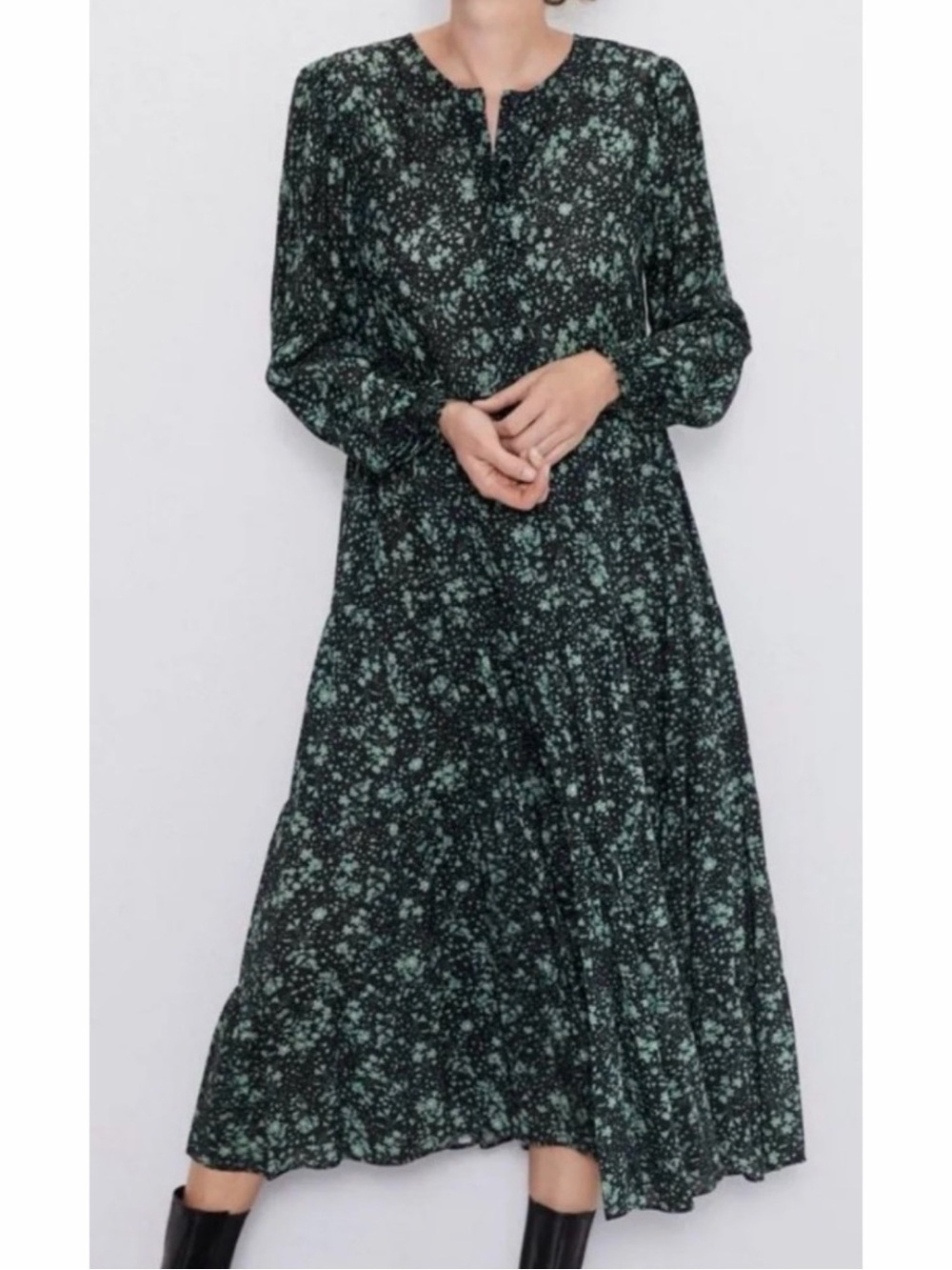 Zara The Angel Floral Tiered Maxi Prairie Dress Green